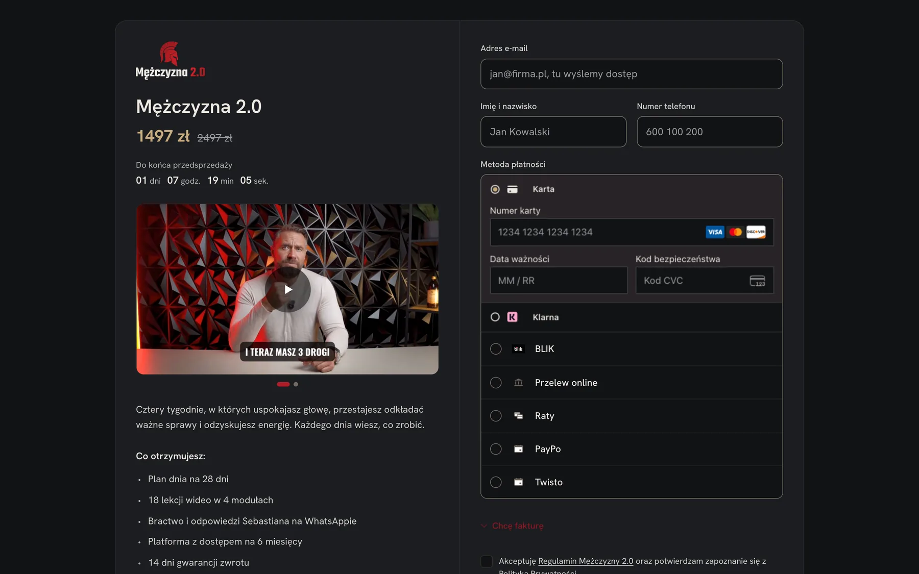 Checkout for Mężczyzna 2.0 with card, Klarna, BLIK, bank transfer, instalments, PayPo and Twisto