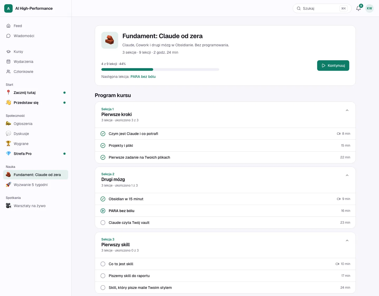 Course outline of Fundament: Claude od zera inside the AI High-Performance community (demo content)